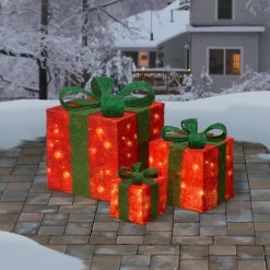 Christmas Accessories-National Tree Company Pre-Lit Red Gift Boxes, Set Of Three, White Lights, Christmas Collection