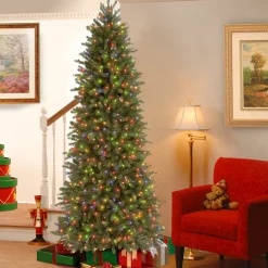 National Tree Company Slim^Pre-Lit Slim Artificial Christmas Tree, Green, Jersey Fraser Fir, Multi-Color Lights, Includes Stand, 6.5 Feet