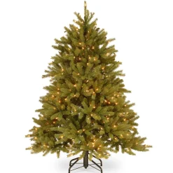 Full-National Tree Company Pre-Lit Small Artificial Christmas Tree, Green, Jersey Fraser Fir, 'Feel Real', White Lights, Includes Stand, 4.5 Feet
