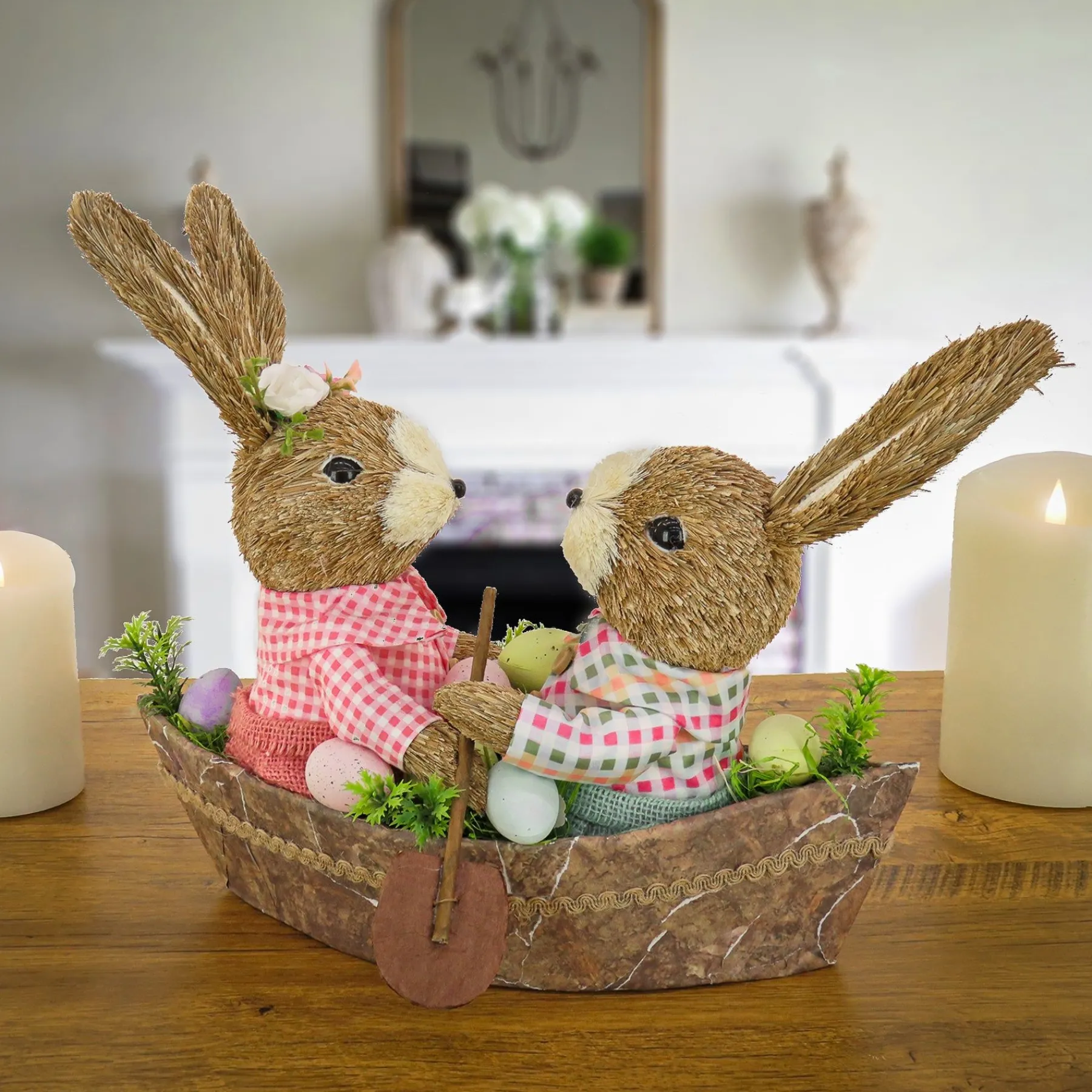 Easter Table Decor-National Tree Company Two Bunnies In A Boat Table Decoration, Easter Collection, 15 Inches