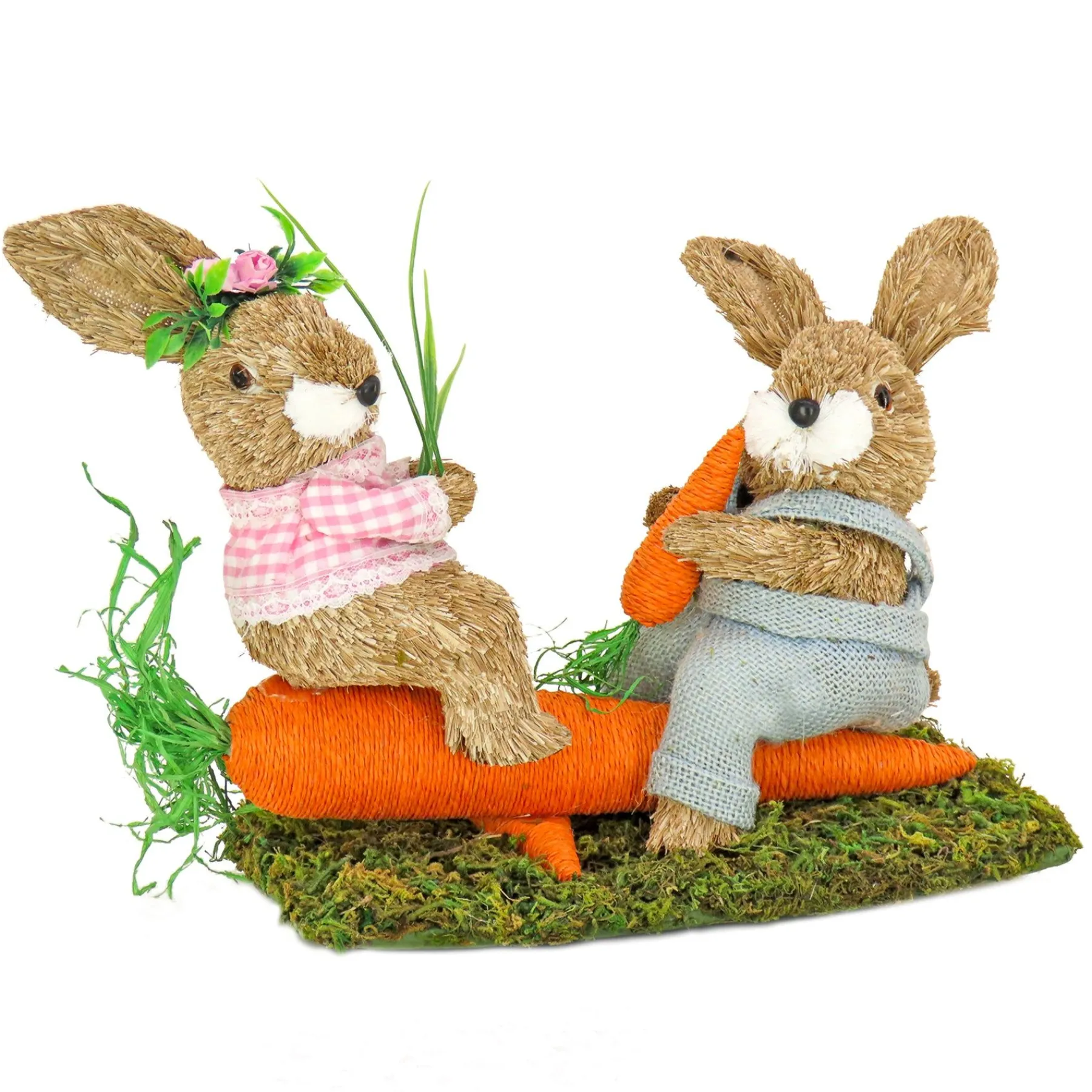 Easter Table Decor-National Tree Company Two Bunnies Table Decoration, Two Bunnies Resting On Carrot, Artificial Grassy Base, Easter Collection, 14 Inches