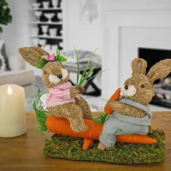 Easter Table Decor-National Tree Company Two Bunnies Table Decoration, Two Bunnies Resting On Carrot, Artificial Grassy Base, Easter Collection, 14 Inches