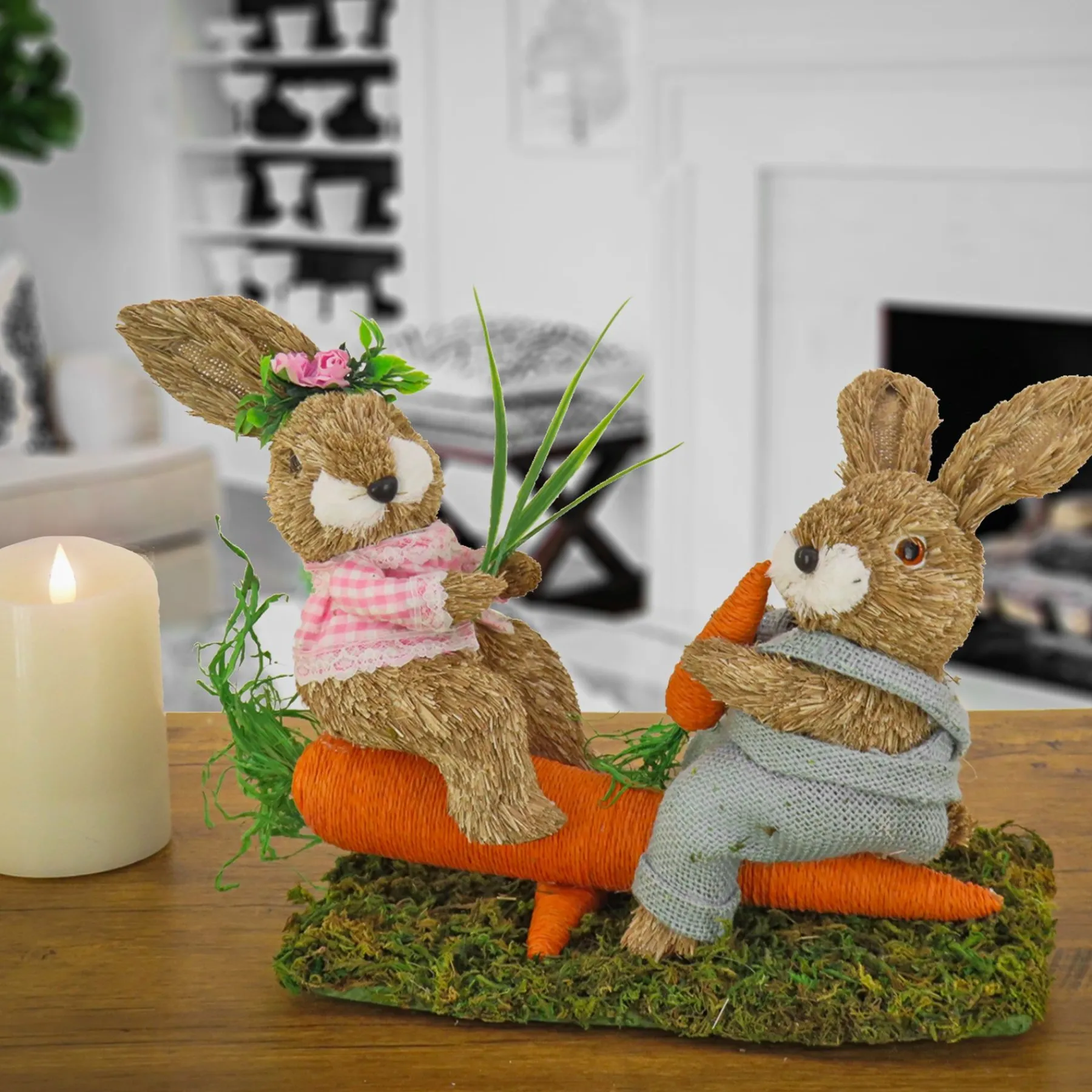 Easter Table Decor-National Tree Company Two Bunnies Table Decoration, Two Bunnies Resting On Carrot, Artificial Grassy Base, Easter Collection, 14 Inches
