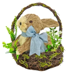 Easter Table Decor-National Tree Company Woven Basket With Bunny Table Decoration, Woven Branch Base, Decorated With Fern Fronds, Tulips, Easter Collection, 10 Inches