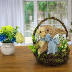 Easter Table Decor-National Tree Company Woven Basket With Bunny Table Decoration, Woven Branch Base, Decorated With Fern Fronds, Tulips, Easter Collection, 10 Inches