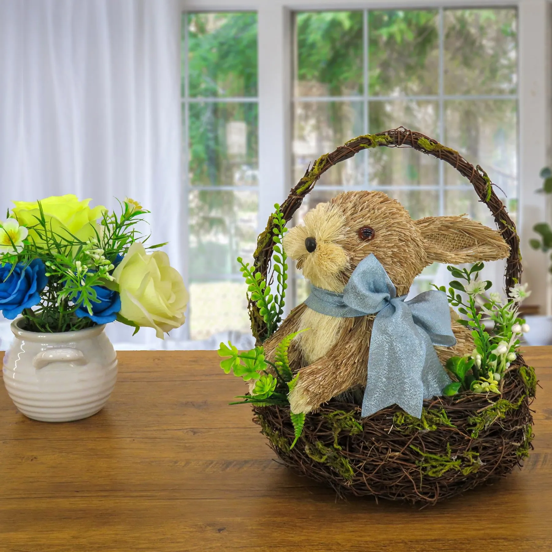 Easter Table Decor-National Tree Company Woven Basket With Bunny Table Decoration, Woven Branch Base, Decorated With Fern Fronds, Tulips, Easter Collection, 10 Inches